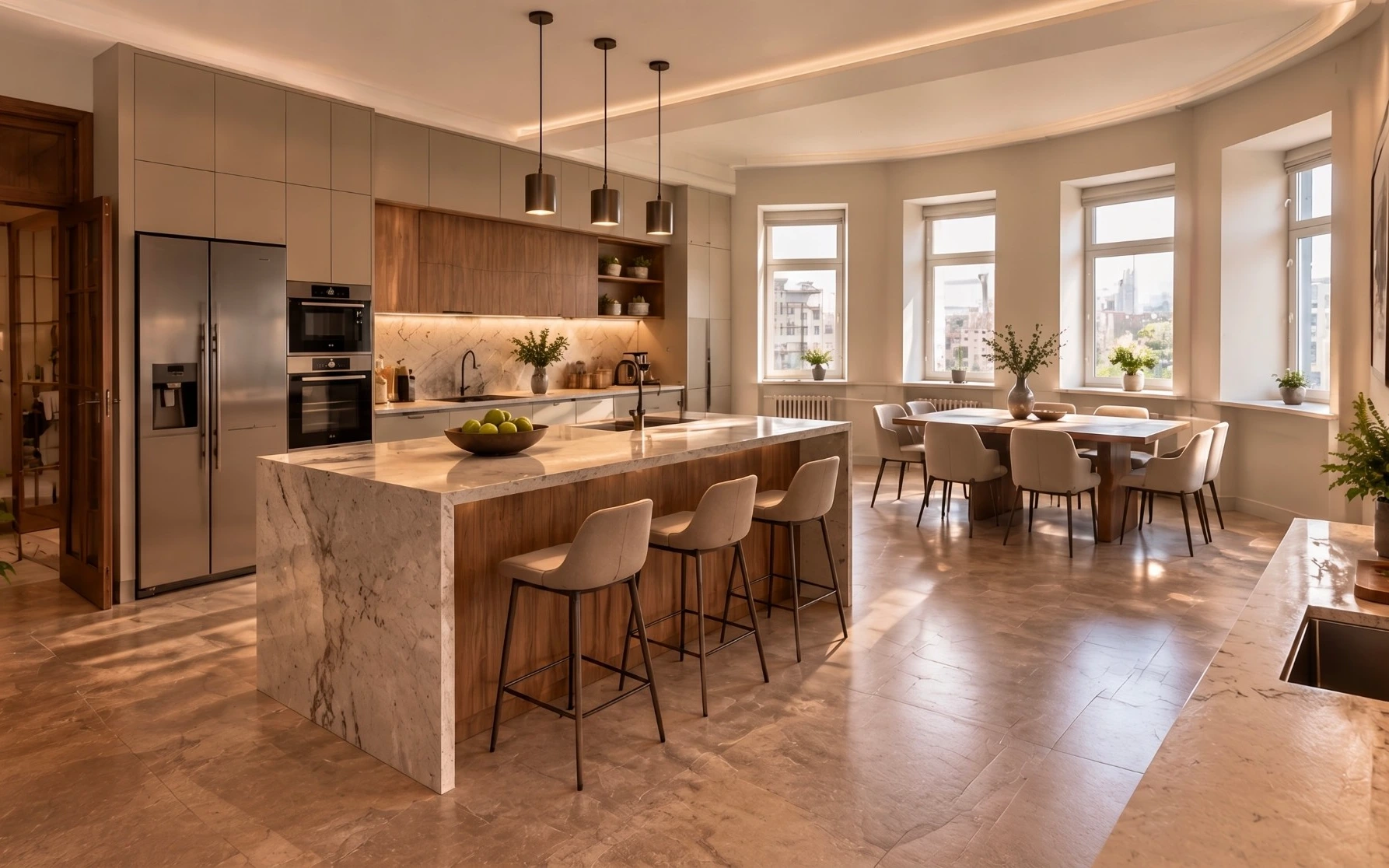 Kitchen-diner after renovation: marble waterfall island with bar stools, walnut and stone-grey cabinetry, built-in appliances, dining table by a curved wall of windows, stone floor