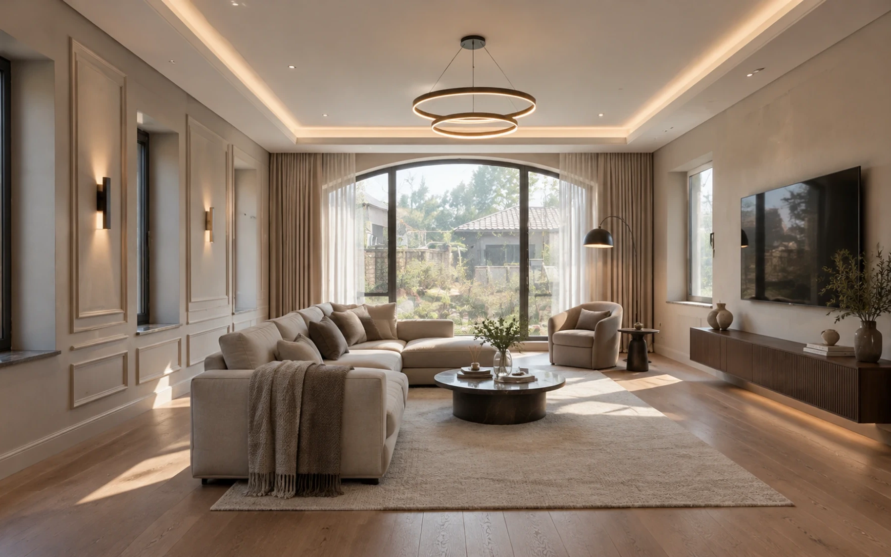 Villa living room after renovation: panelled walls with wall lights, recessed ceiling with hidden lighting and a ring pendant, corner sofa facing an arched window onto the garden, floating TV unit, lit shelving and wide oak floorboards