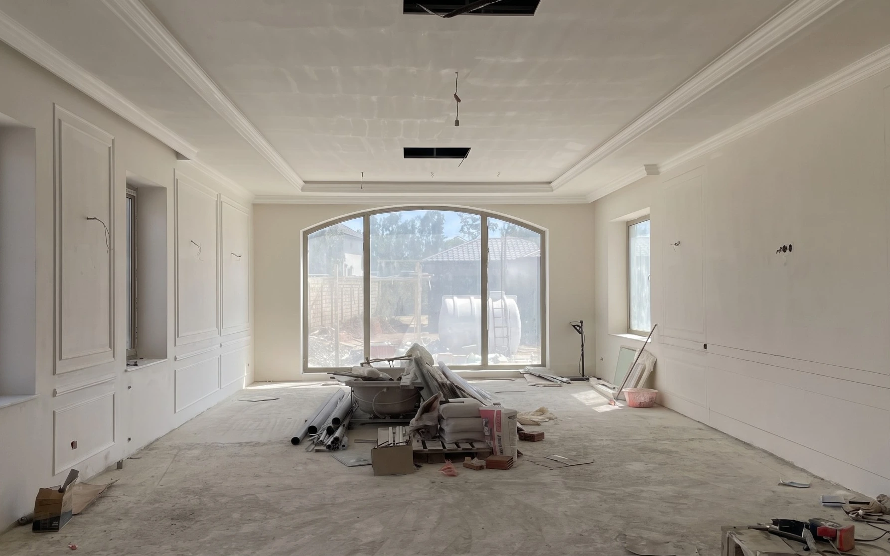 The same room before renovation: primed walls with wall panelling and cornices, open ceiling hatches, loose wires and building materials on a bare screed floor